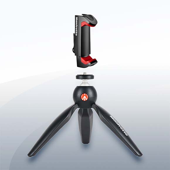 Manfrotto Pixi Mini Stativ und Smartphone Klemme Objektiv Vermietung 1